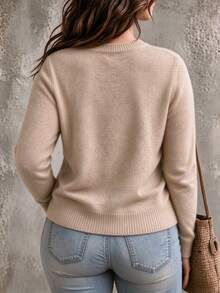 Ceyna Plus Size Women's Autumn/Winter Chinese Style Chinese Knot Ruyi Button Knit Cardigan Round Neck Long Sleeve Simple Casual Slim Fit Jacket - Apricot - View 2