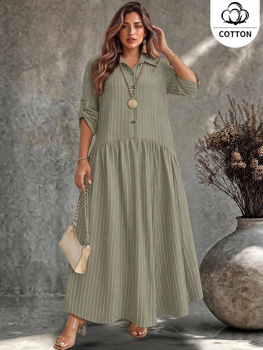 Ceyna Plus Size Women's French Casual Boho Elegant Wavy Pattern Long Sleeve Dress Fall Vacation Grey Travel Beach - Army Green - View 1