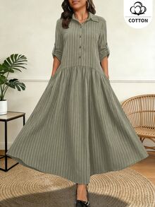 Ceyna Plus Size Women's French Casual Boho Elegant Wavy Pattern Long Sleeve Dress Fall Vacation Grey Travel Beach - Army Green - View 4