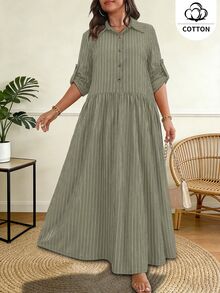 Ceyna Plus Size Women's French Casual Boho Elegant Wavy Pattern Long Sleeve Dress Fall Vacation Grey Travel Beach - Army Green - View 3
