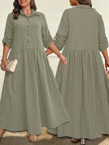 Ceyna Plus Size Women's French Casual Boho Elegant Wavy Pattern Long Sleeve Dress Fall Vacation Grey Travel Beach - Army Green - View 5
