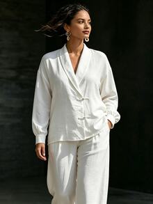 Ceyna Plus Size Women's Casual V-Neck Long Sleeve Frog Button Cardigan Top + Long Pants Placket Button Shirt 2 Pieces Set Brunch Formal All White Fall - Beige - View 5