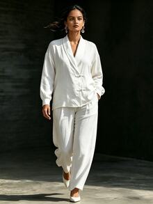 Ceyna Plus Size Women's Casual V-Neck Long Sleeve Frog Button Cardigan Top + Long Pants Placket Button Shirt 2 Pieces Set Brunch Formal All White Fall - Beige - View 4
