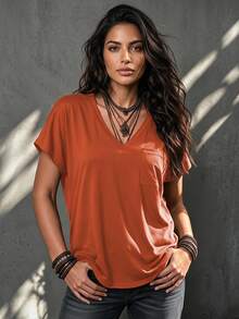 Ceyna Plus Solid Pocket Patched Batwing Sleeve Tee Thanksgiving Vacation Travel Burnt Orange Summer Casual Streetwear - Redwood - View 1