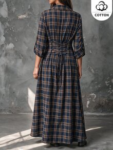 Ceyna Cotton Fall Plus Size Shirt Dress, Turn-Down Collar, Multi-Button Placket, Adjustable Rolled Sleeves, 1950s Vintage Military Style, Thanksgiving Party - Navy Blue - View 2