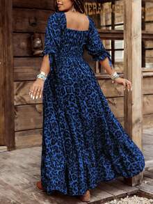 Ceyna 大尺碼女款春夏新款豹紋方領半袖收腰抓皺A字洋裝 度假旅行波希米亞西式風 - 彩色 - 查看 2
