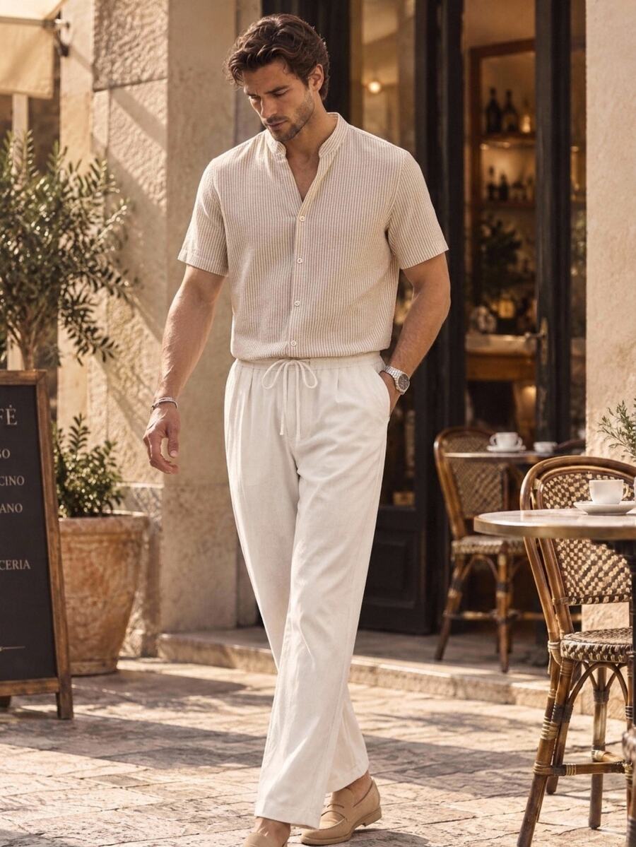 Manfinity RebelGame 2pcs/Set Men's Summer Cotton-Polyester Brushed Striped Casual Short Sleeve Shirt And Loose Comfortable Linen Pants - Multicolor - View 1
