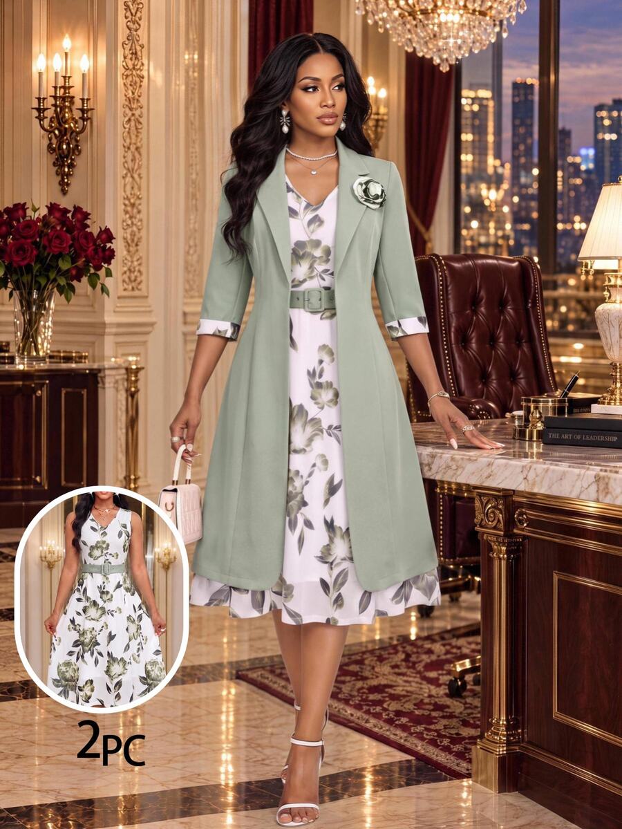 Fleurora Women's Blazer And Ditsy Floral Dress 2 Pieces Set - Green - View 1