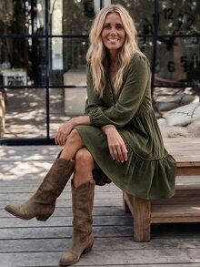 LanaWest Women's French Vacation Lace Patchwork Jacquard Dress - Army Green - View 4