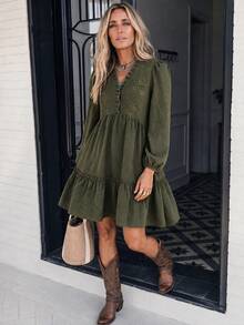 LanaWest Women's French Vacation Lace Patchwork Jacquard Dress - Army Green - View 5