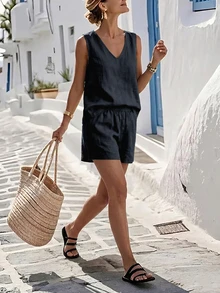Everyssa Conjunto de 2 piezas de camiseta de tirantes y pantalones cortos de unicolor para vacaciones y ocio - Azul Marino - Ver 5