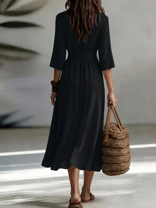 LUMIGAL Minimalist Green Elegant Mature A-Line Dress For Middle-Aged Women - Black - View 2