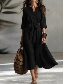 LUMIGAL Minimalist Green Elegant Mature A-Line Dress For Middle-Aged Women - Black - View 3