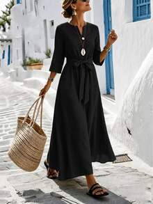 LUMIGAL Minimalist Green Elegant Mature A-Line Dress For Middle-Aged Women - Black - View 6