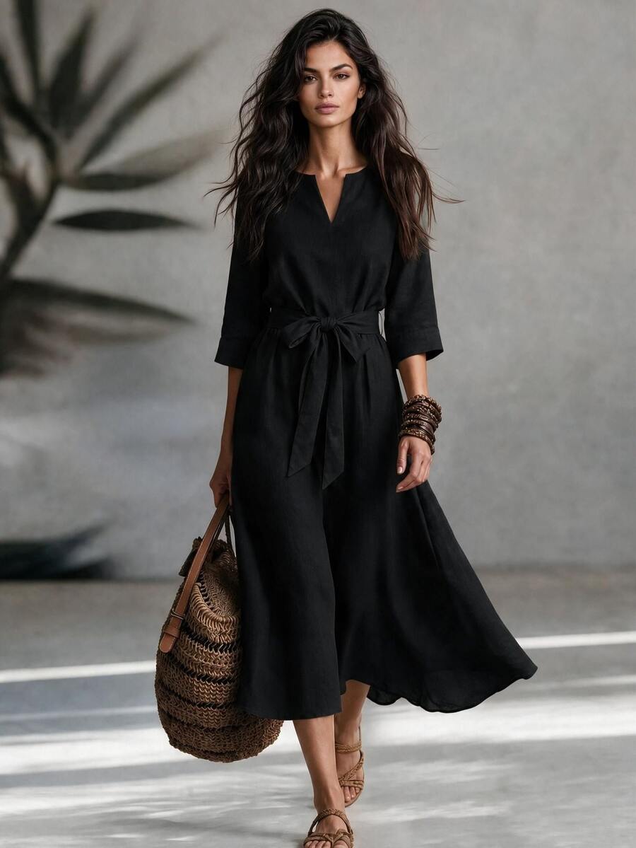 LUMIGAL Minimalist Green Elegant Mature A-Line Dress For Middle-Aged Women - Black - View 1