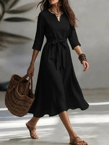 LUMIGAL Minimalist Green Elegant Mature A-Line Dress For Middle-Aged Women - Black - View 5