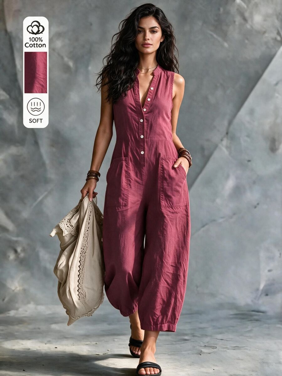 LUMIGAL Women's Solid Color Button Half-Placket Pocket Sleeveless Shirt Jumpsuit, Premium Fashion Commuter - Hot Pink - View 1