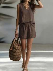 Everyssa Vacation Casual Solid Color Tank Top & Shorts 2 Pieces Set - Coffee Brown - View 4
