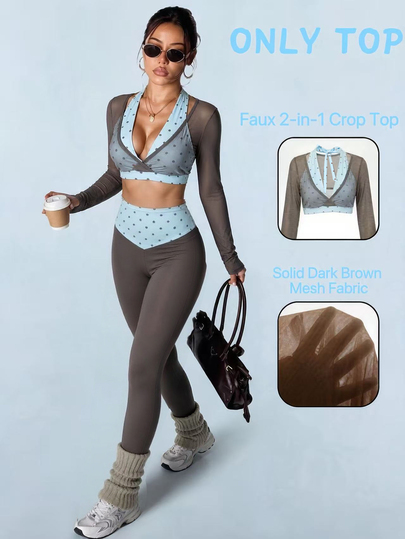 Sovereign Charm 2026 Hot-Selling New Solid Color & Print Patchwork Personalized 2 In 1 Slim Fit Flattering Long Sleeve Yoga Top, Casual Fashion Vacation Style Outdoor Sun Protection Yoga Shirt
