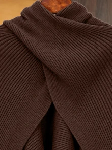 SHEIN 女款棕色復古慵懶秋冬疊穿外套，交叉高領羅紋針織不對稱披肩斗篷，度假穿搭，外出上衣，萬聖節，街頭風 - 棕色 - 查看 6