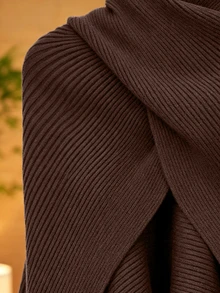 SHEIN 女款棕色復古慵懶秋冬疊穿外套，交叉高領羅紋針織不對稱披肩斗篷，度假穿搭，外出上衣，萬聖節，街頭風 - 棕色 - 查看 7