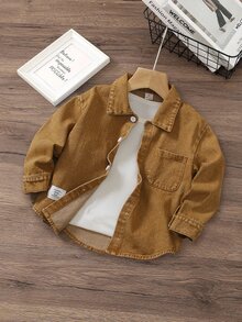 SHEIN 小男孩牛仔夾克外套，附口袋，字母印花小標誌，休閒牛仔風街頭時尚，酷帥返校秋季花童裝 - 卡其色 - 查看 7