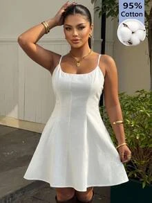 Muchica Plus Size White Spaghetti Strap Casual Sleeveless Dress, Minimalist Design - White - View 1