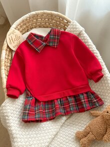 SHEIN Babygirl Cute Brown Knitted Patchwork Plaid Long Sleeve Autumn Winter Dress - Red - View 3