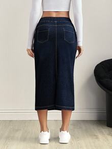Flexra Plus Size Women's Casual Dark Wash Denim Skirt With Pockets - Medium Wash - View 2