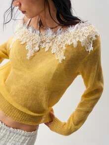 Bohemela Women's Lace Patchwork Off-Shoulder Casual Daily Long Sleeve Sweater - Yellow - View 2