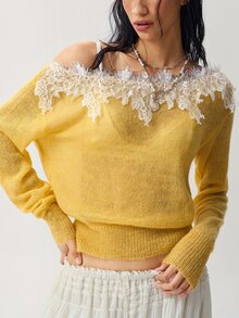 Bohemela Women's Lace Patchwork Off-Shoulder Casual Daily Long Sleeve Sweater - Yellow - View 4