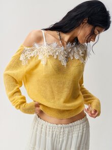 Bohemela Women's Lace Patchwork Off-Shoulder Casual Daily Long Sleeve Sweater - Yellow - View 5