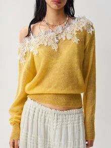 Bohemela Women's Lace Patchwork Off-Shoulder Casual Daily Long Sleeve Sweater - Yellow - View 1