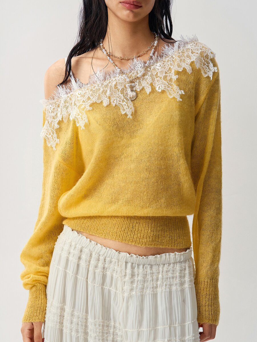 Bohemela Women's Lace Patchwork Off-Shoulder Casual Daily Long Sleeve Sweater - Yellow - View 1