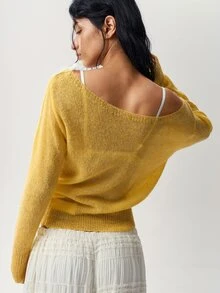 Bohemela Women's Lace Patchwork Off-Shoulder Casual Daily Long Sleeve Sweater - Yellow - View 6