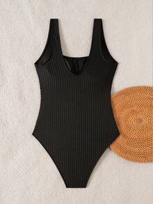 SHEIN Swim Women's Elegant Black Solid Color Ribbed Ruched One-Piece Swimsuit, Flattering Tummy Control, Casual Beach Vacation - Black - View 6