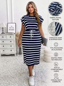 Vionelle Plus Size Striped Crew Neck Cap Sleeve Bodycon Split Drawstring Midi Casual Dress, Autumn/Winter Women Outfit, For Summer - Blue - View 1