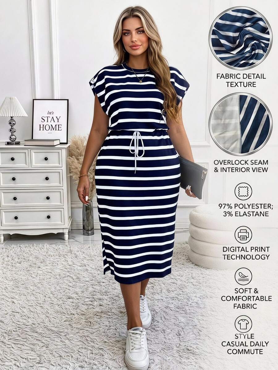 Vionelle Plus Size Striped Crew Neck Cap Sleeve Bodycon Split Drawstring Midi Casual Dress, Autumn/Winter Women Outfit, For Summer - Blue - View 1