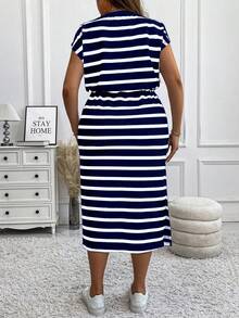 Vionelle Plus Size Striped Crew Neck Cap Sleeve Bodycon Split Drawstring Midi Casual Dress, Autumn/Winter Women Outfit, For Summer - Blue - View 2