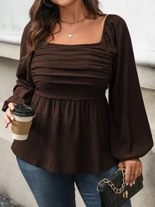 Vionelle Plus Size Women Solid Color Square Collar Ruffle Lantern Sleeve Casual Shirt, Autumn Peplum Top Fall - Coffee Brown - View 7