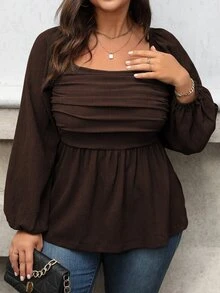 Vionelle Plus Size Women Solid Color Square Collar Ruffle Lantern Sleeve Casual Shirt, Autumn Peplum Top Fall - Coffee Brown - View 4