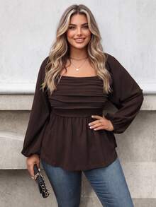 Vionelle Plus Size Women Solid Color Square Collar Ruffle Lantern Sleeve Casual Shirt, Autumn Peplum Top Fall - Coffee Brown - View 1