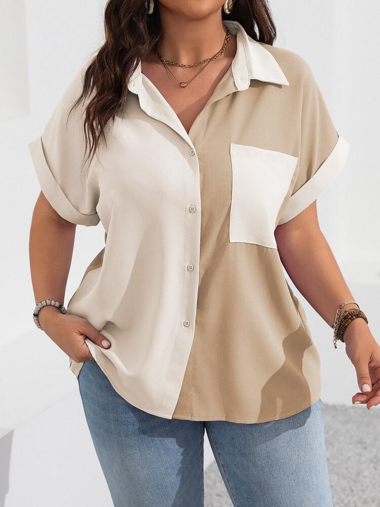 Vionelle Plus Size Women's Color Block Simple Everyday Short Sleeve Shirt For Summer - Khaki - View 6