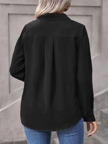 Vionelle Plus Size Women's Solid Color Simple Everyday Button-Down Long Sleeve Black Shirt Fall Cloth For Women - Black - View 2