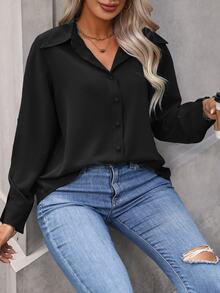 Vionelle Plus Size Women's Solid Color Simple Everyday Button-Down Long Sleeve Black Shirt Fall Cloth For Women - Black - View 4
