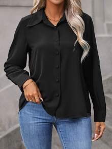 Vionelle Plus Size Women's Solid Color Simple Everyday Button-Down Long Sleeve Black Shirt Fall Cloth For Women - Black - View 7