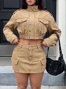 Rivivi Women's Long Sleeve Khaki Non-Stretch Denim Jacket And Cargo Skirt Set - Khaki - View 5