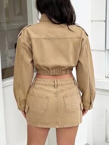 Rivivi Women's Long Sleeve Khaki Non-Stretch Denim Jacket And Cargo Skirt Set - Khaki - View 2