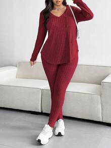 Vionelle Plus Size Casual Textured Striped V-Neck Top And Pants Set Fall - Burgundy - View 6