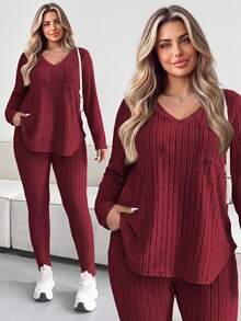 Vionelle Plus Size Casual Textured Striped V-Neck Top And Pants Set Fall - Burgundy - View 1